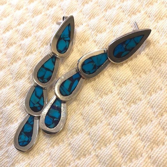TAXCO Crushed Blue Turquoise Inlay Linear Drop Dangle Sterling Silver Earrings - Picture 7 of 7